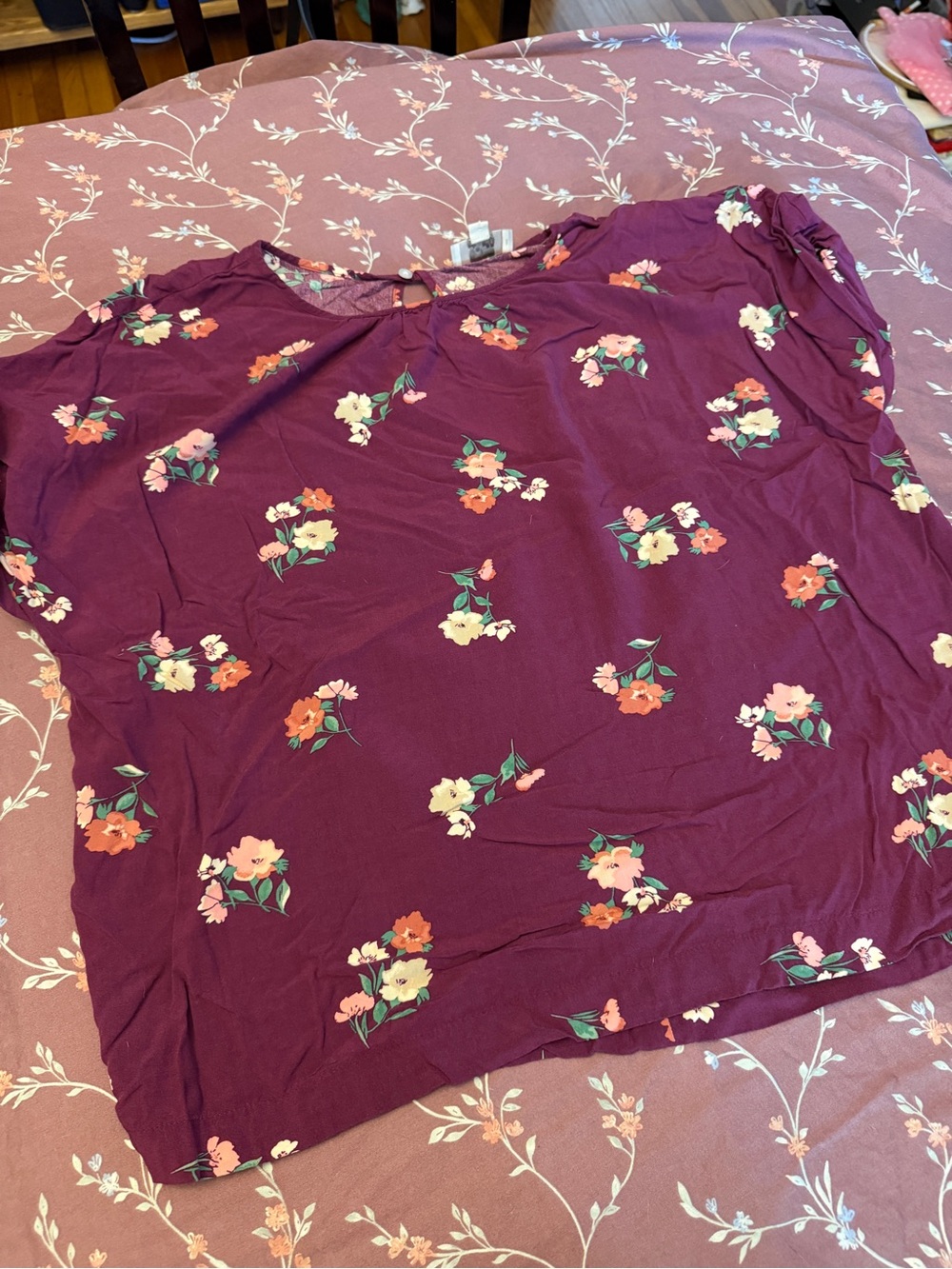 LOFT Plum Floral Short Sleeve Blouse